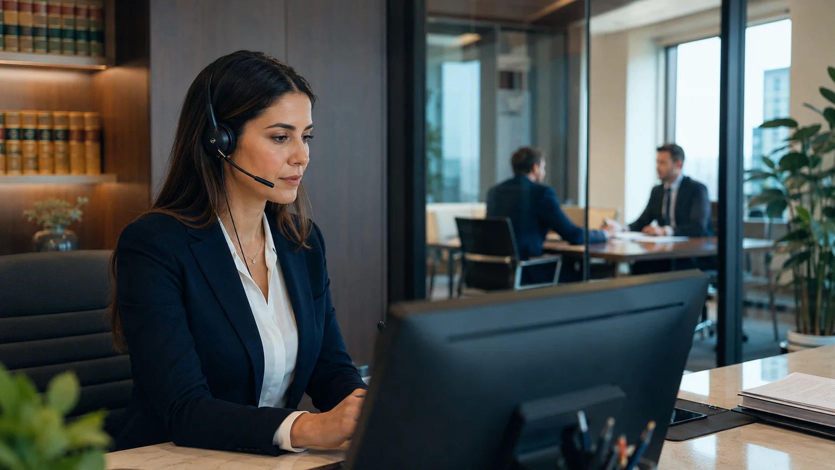 Recepcionista de un despacho de abogados atendiendo una llamada y registrando una consulta