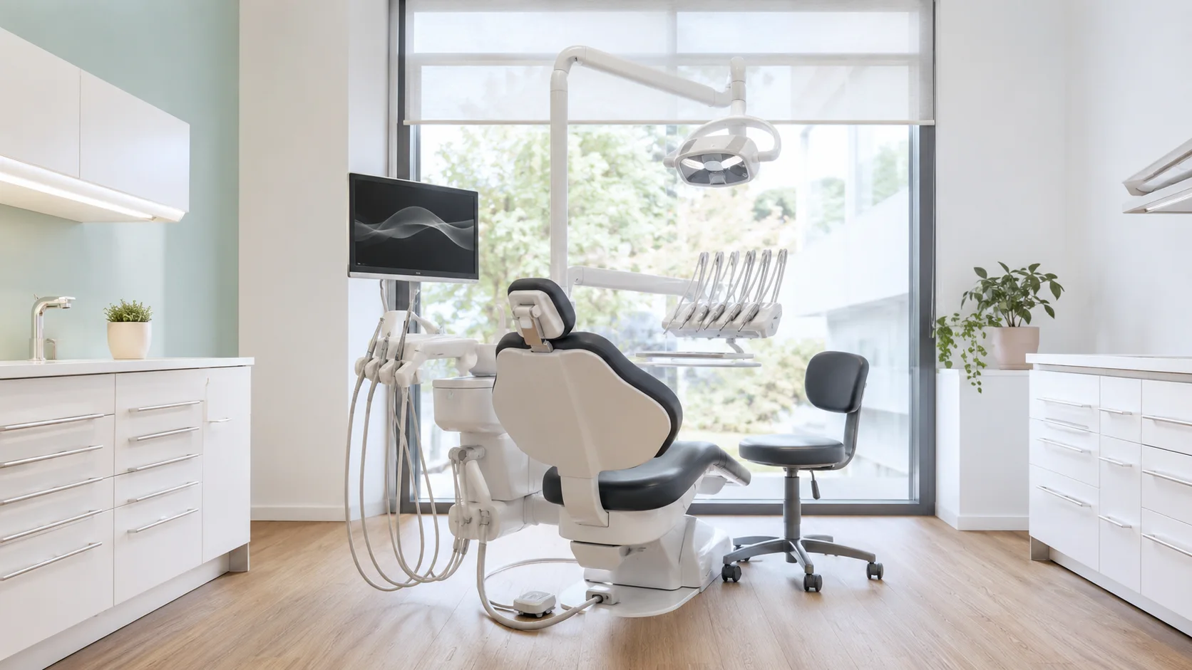 Interior de una clínica dental moderna con sillón y equipamiento odontológico