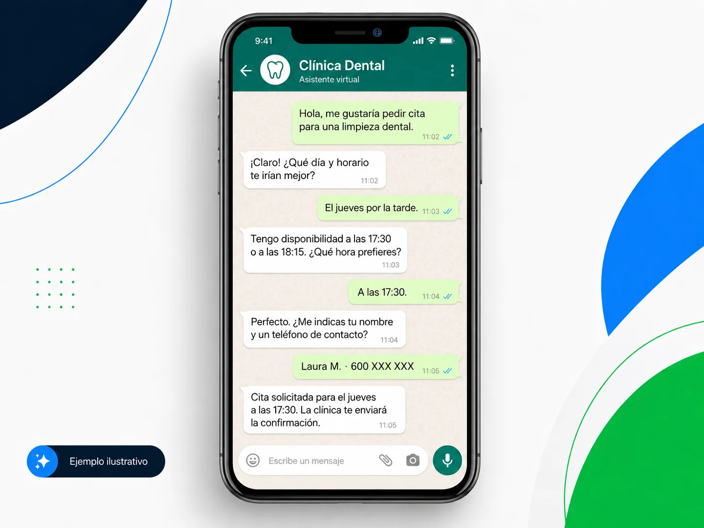 Simulación de una conversación por WhatsApp para solicitar una cita en una clínica dental