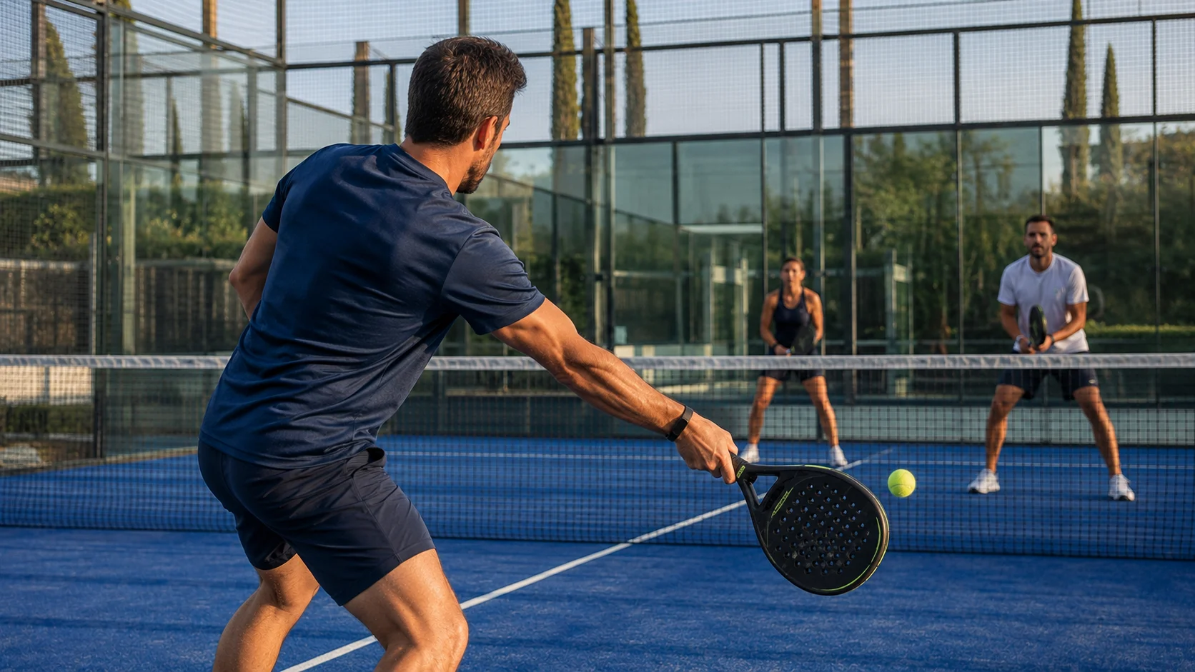 Jugador golpeando la pelota en primer plano frente a dos rivales en una pista de pádel