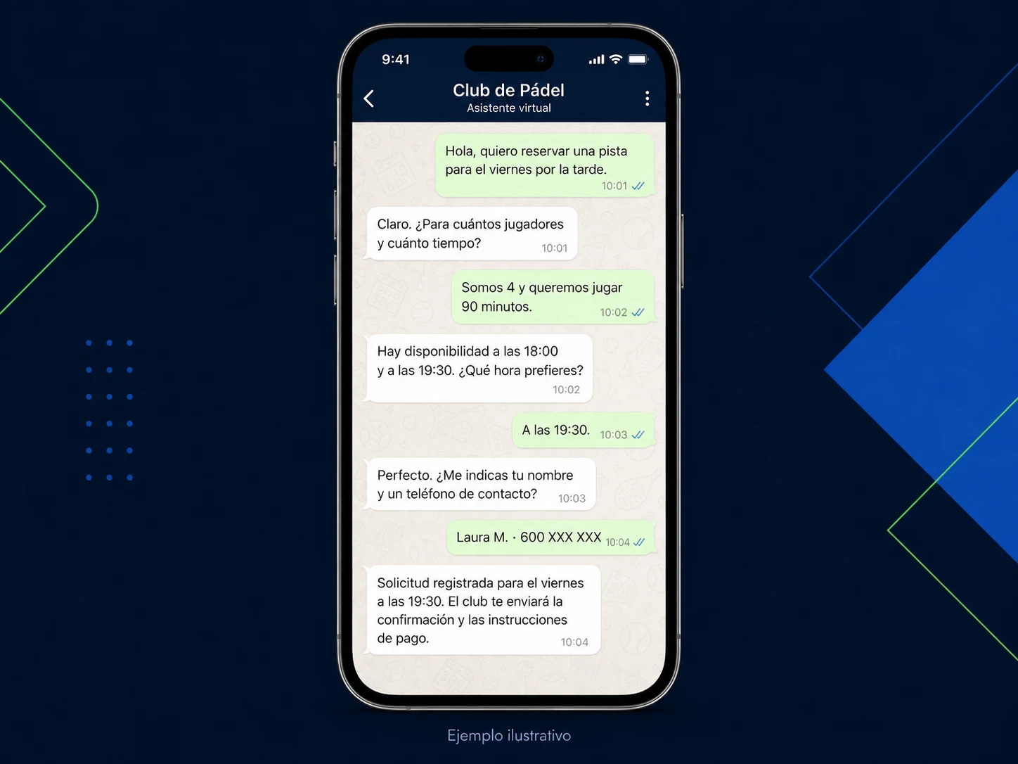 Simulación de una conversación por WhatsApp para solicitar la reserva de una pista de pádel
