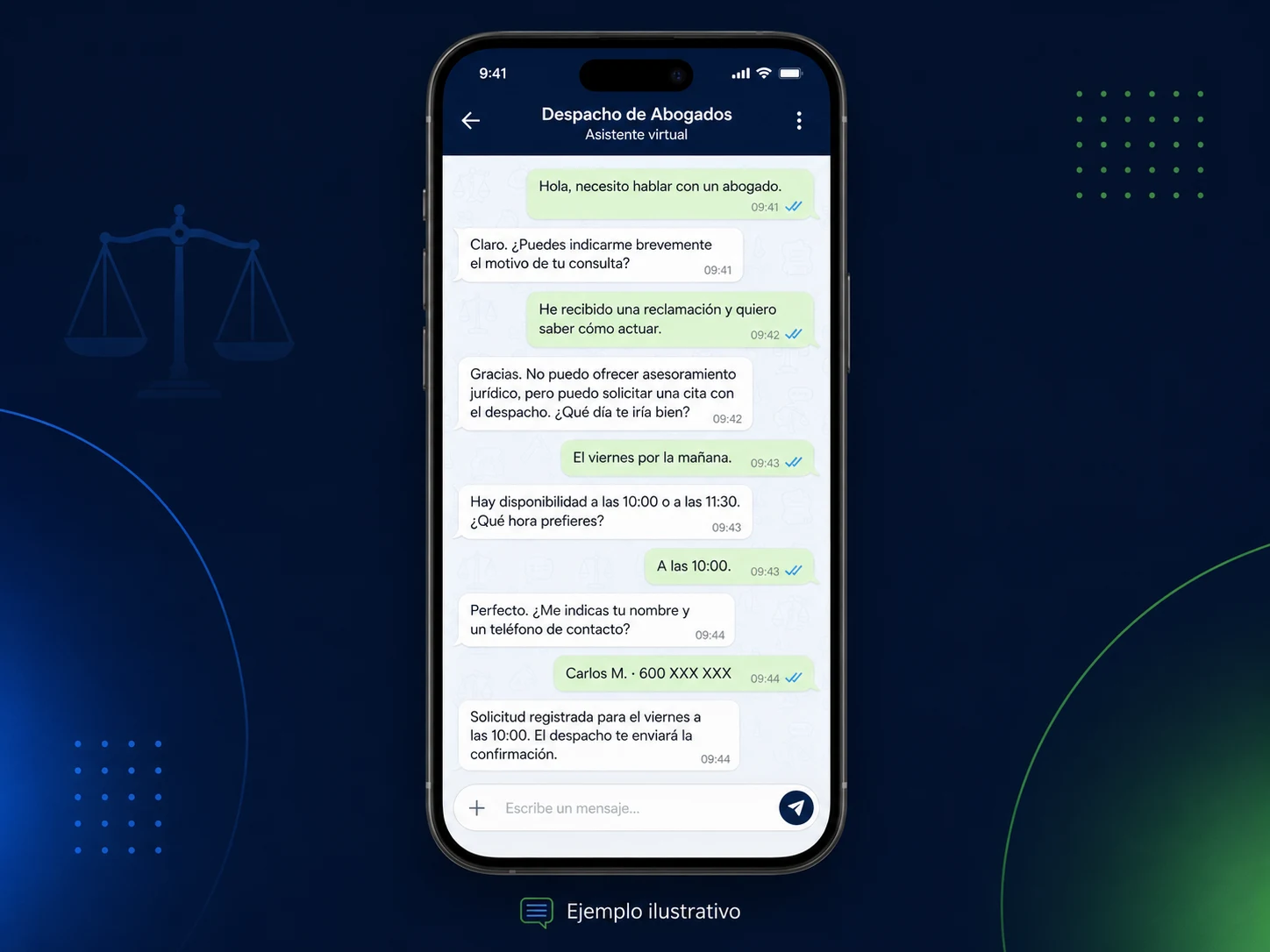 Simulación de una conversación por WhatsApp para solicitar una cita con un despacho de abogados
