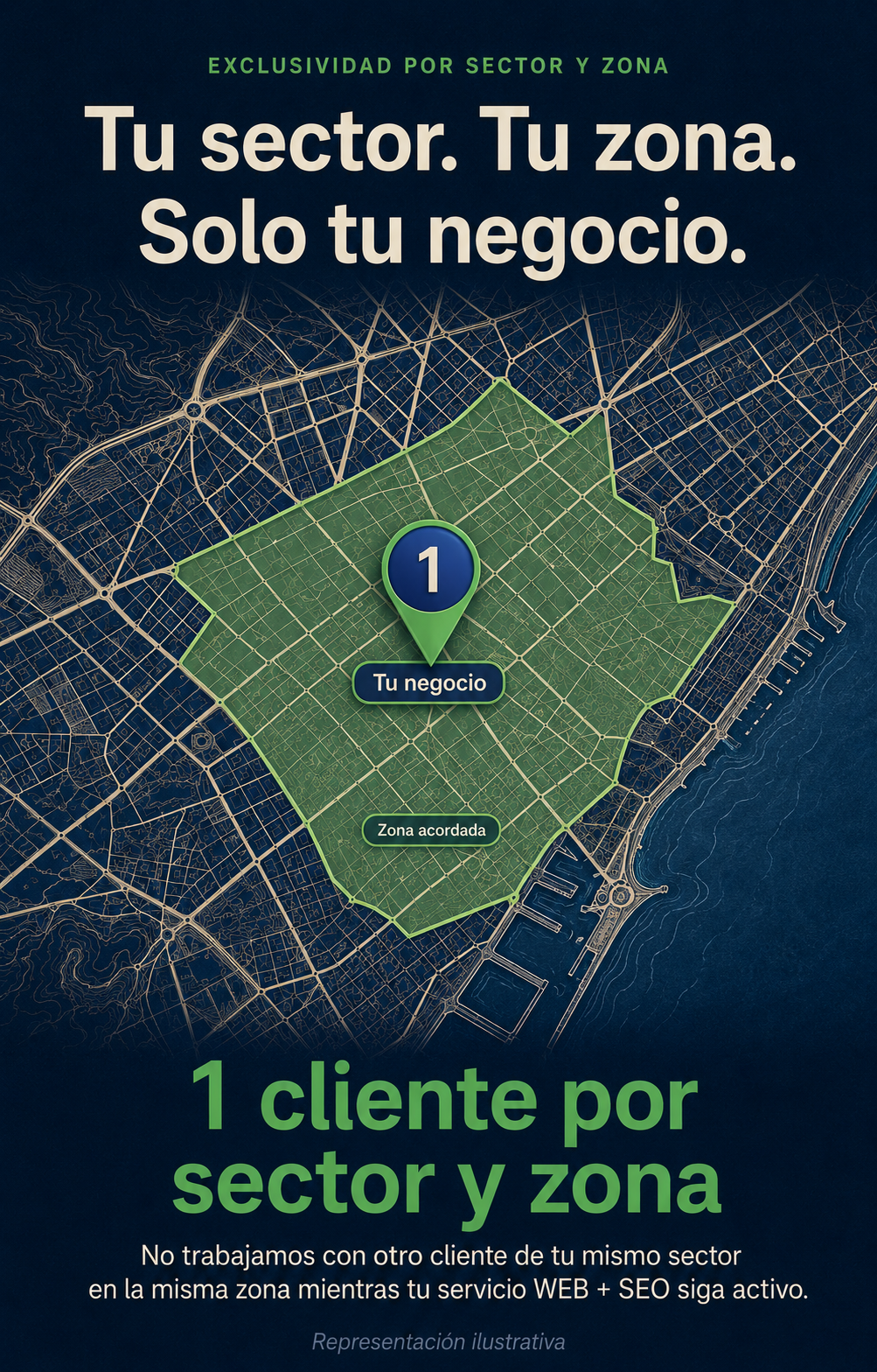 Tu sector. Tu zona. Solo con hosting y SEO Mapa ilustrativo con una zona acordada y un único cliente destacado. No trabajamos con otro cliente de tu mismo sector en la misma zona mientras tu servicio WEB + SEO siga activo.